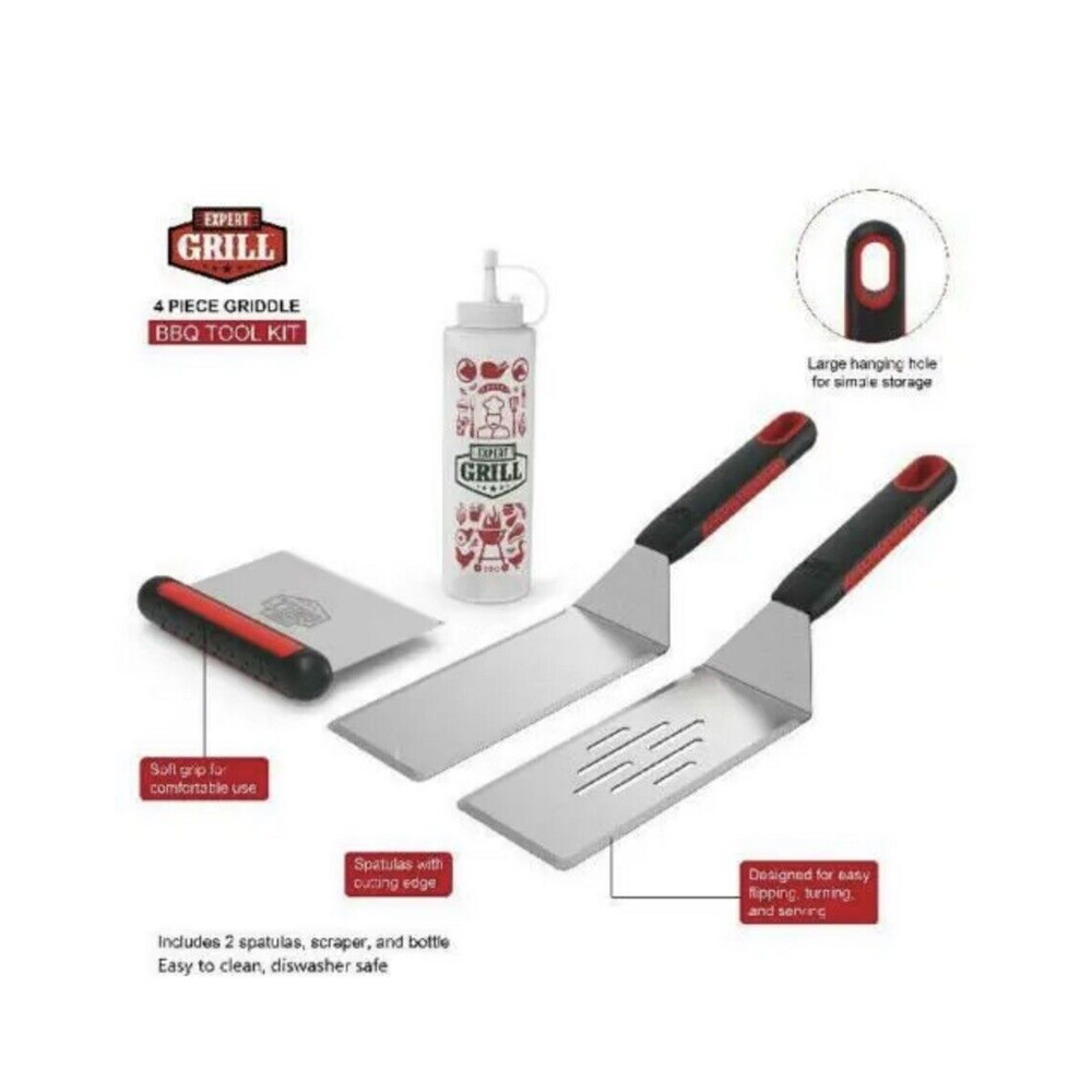 Expert Grill Soft Grip 4 Piece Griddle Set 2 Spatulas Griddle Scraper Squeeze...
